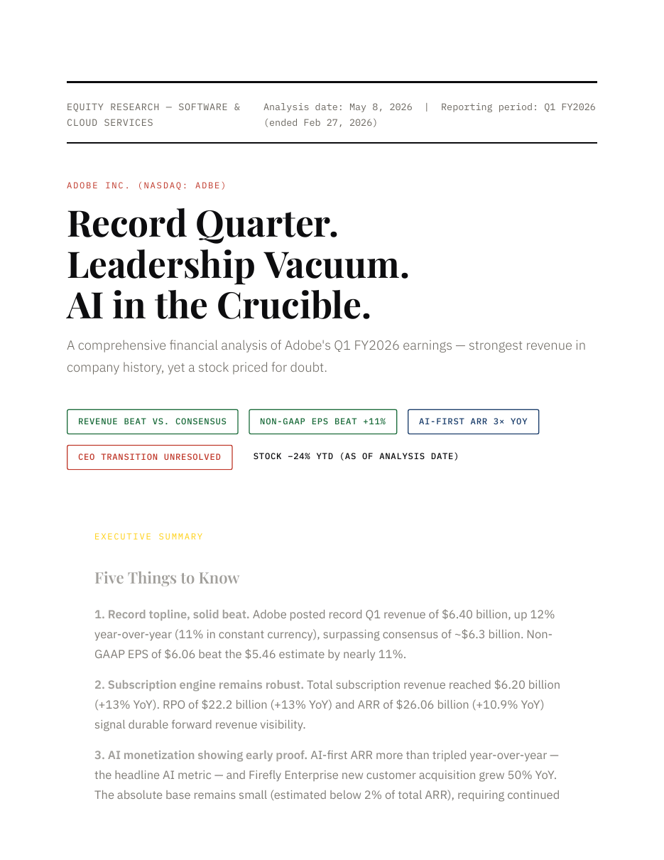 Adobe Q1 FY2026 equity research report — first page preview